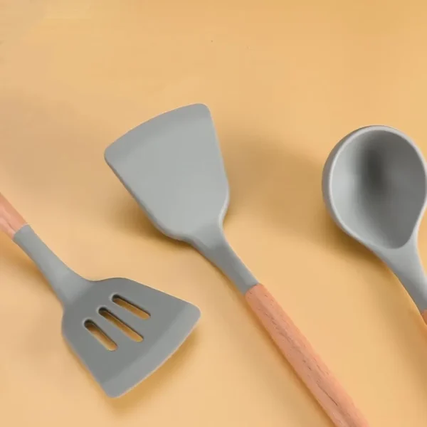 Non-Stick Silicon Spoon Set with Wooden Handle (Grey, 3 Pc)