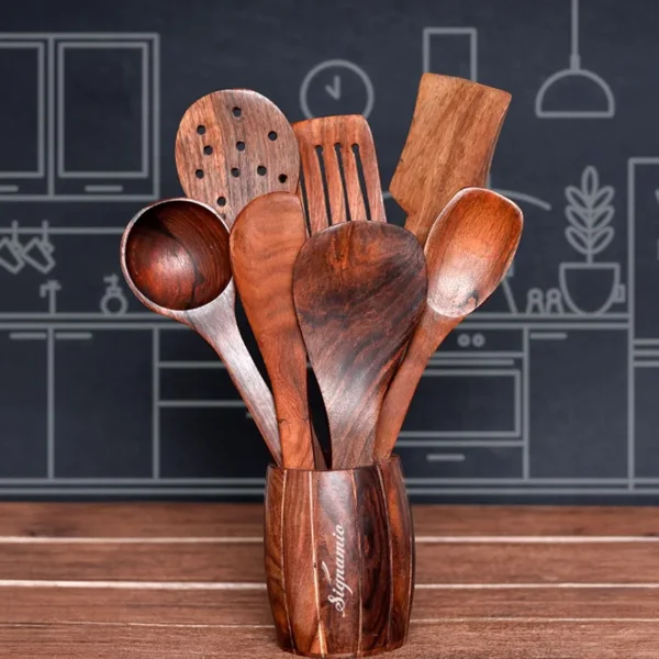 Shisham Wooden Spoon Set - 7 Handmade Utensils with Mini Soup Spoon, Eco-Friendly and Heat-Resistant